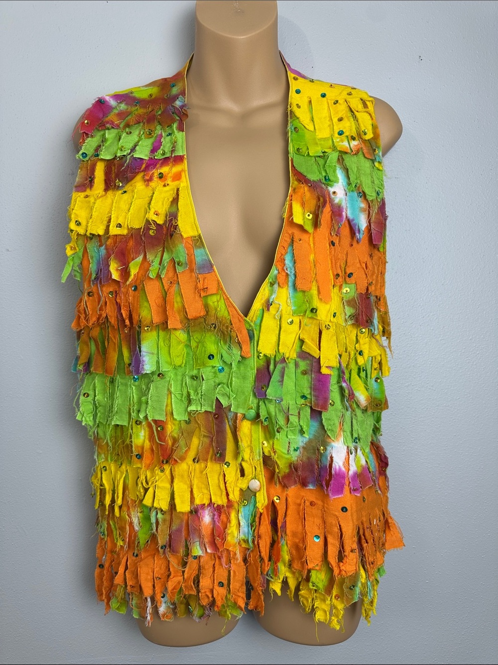 Vintage 90s Eclectic Maximalism Tie Dye Rag Fringe Sequins Vest Art to Wear